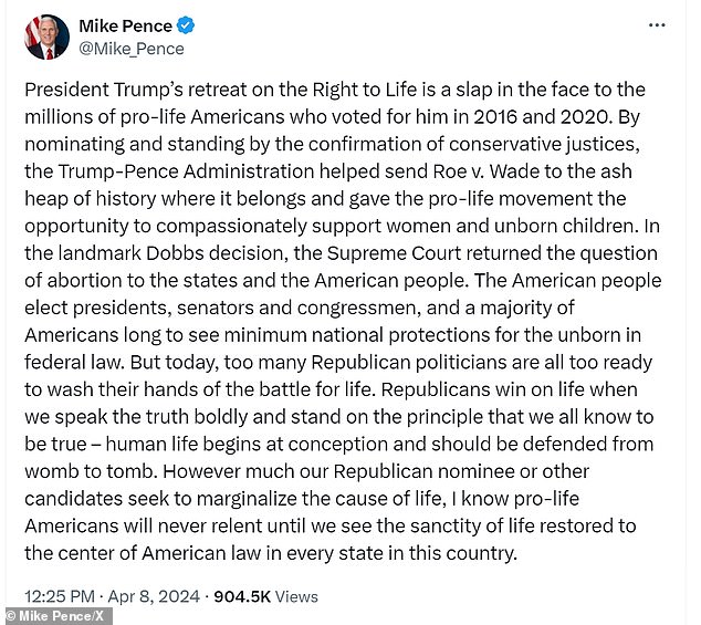 Pence's full response to Trump's abortion statement on Monday