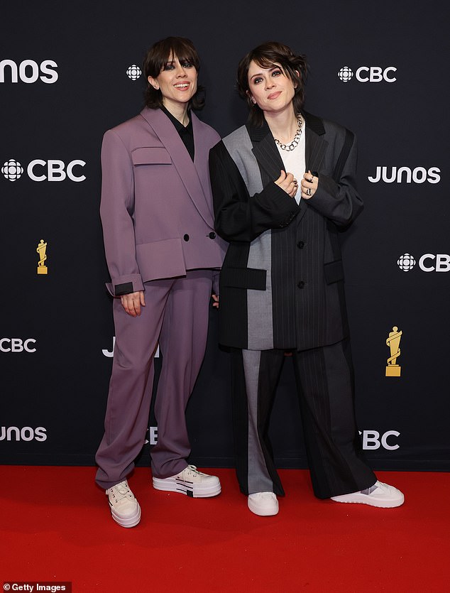 The musical duo Tegan and Sara were also mentioned as gay pop icons;  photographed in march