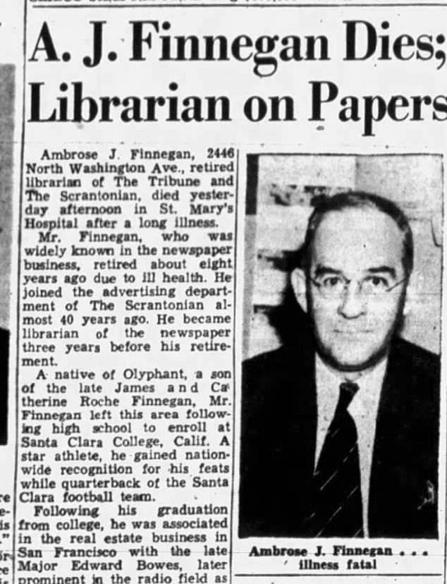 Biden's grandfather, Ambrose Finnegan, was a librarian who worked in the newspaper business after being a 'star athlete' at Santa Clara College in California.