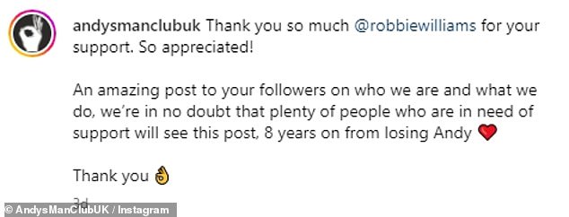 Andy's Man Club posted a screenshot of Robbie's direct message on his profile in which the hitmaker opened up about his previous mental health issues.