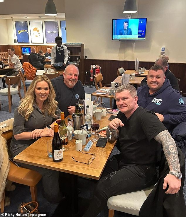 The lovebirds enjoyed a glass of red wine while watching Ricky's beloved football club, Manchester City, with their friends.