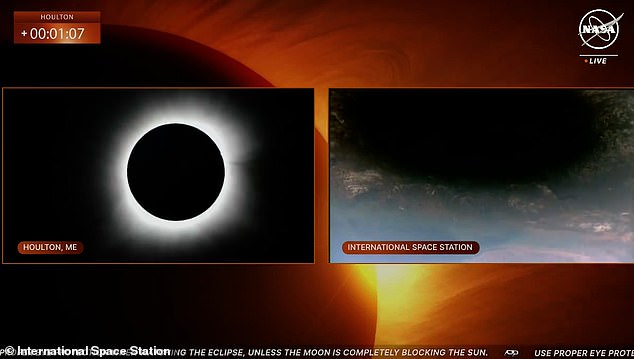 In NASA's coverage, the view of the eclipse from Houlton, Maine, is broadcast along with a view of the moon's shadow on Earth from the ISS.