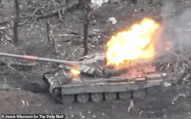 Images of the explosive effect of a Ukrainian drone attack against a Russian tank on the front line
