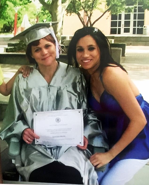 Pictured: Meghan Markle at Samantha's graduation in 2008. Samantha, 59, accused her famous sister of defamation over the implication of Meghan suggesting to Oprah that she grew up an only child.