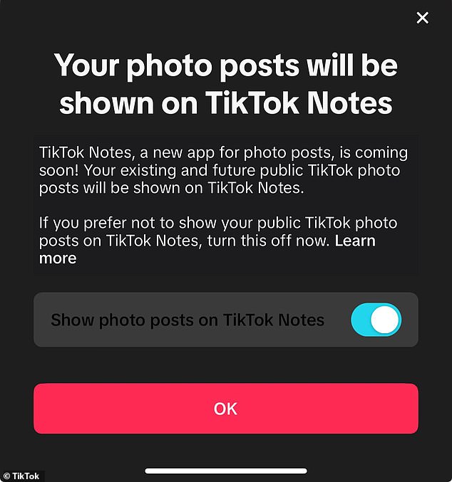 Some TikTok users have started seeing pop-up notifications revealing that their photos will be displayed in a new app.