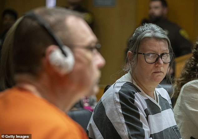 Jennifer looks at James Crumbley during the sentencing hearing.  The couple has been separated for years, asked for their trials to be separated and each spent 27 months in prison since their arrest.