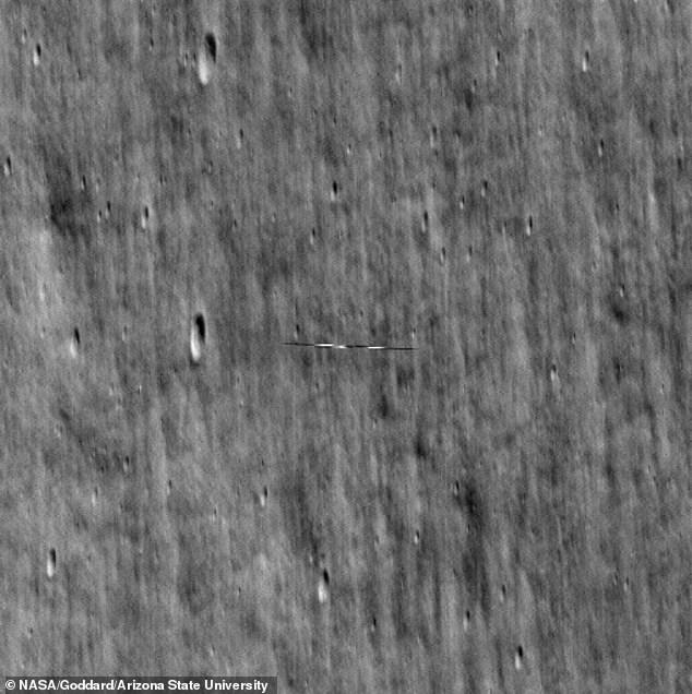 By its second encounter, the LRO was only about 2.5 miles above Danuri.  However, once again, the photo he captured was elongated due to their relative speeds.