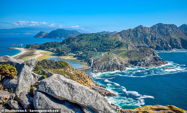Above, the Cies Islands, which you can visit by taking a ferry from Baiona or Vigo.