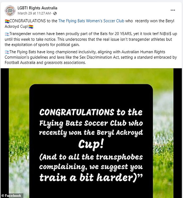 This Facebook post from LGBTI Rights Australia congratulated the Flying Bats for winning the competition and said the real problem is not trans athletes, but people who exploit sports for political gain.