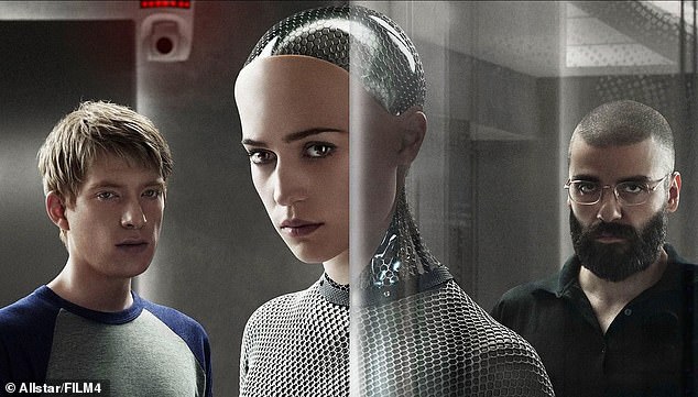 Movies like Ex Machina (pictured) have often imagined what could happen when AI surpasses humanity's capabilities.