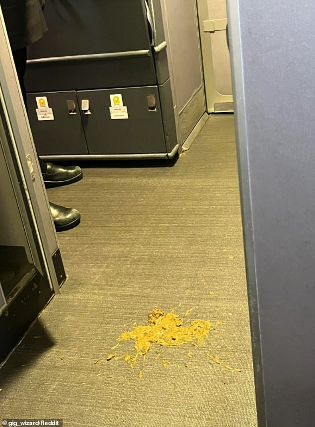 Ground crew spent more than two hours trying to clean the carpet with paper towels and noticed the smell made them sick.