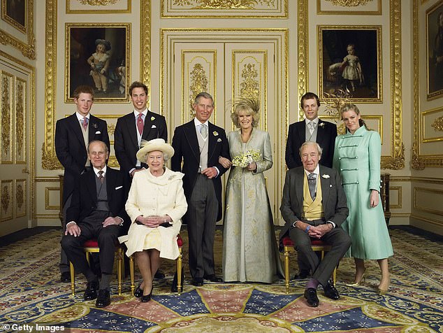 The happy couple pictured with the Queen, Prince Philip, Prince William, Prince Harry, the bride's father Bruce Shand, and Camilla's children Tom Parker Bowles and Laura Lopes.