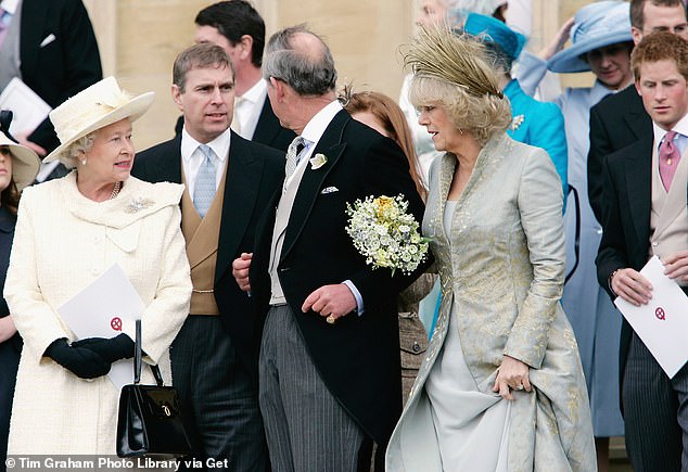 The Queen photographed with the Royal Family on the steps of St George's Chapel on Charles and Camilla's wedding day.