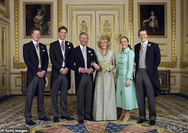 King Charles and Queen Camilla photographed with their children from their first marriages on their wedding day in April 2005.