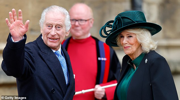 Charles and Camilla are celebrating their 19th wedding anniversary (pictured attending a service on Easter Sunday)