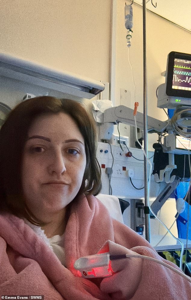 Emma spent five days at Princess of Wales Hospital in Bridgend (pictured in hospital after seizure)