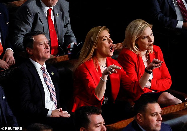 US Representative Beth Van Duyne (R-TX) yells at US President Joe Biden as he delivers his State of the Union address at the US Capitol in Washington, US, on February 7, 2023.