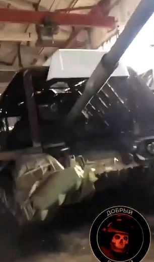A video leaked to Telegram channels shows Russian tanks beneath blocky, turtle-like metal shells that appear to have been retroactively installed outside.