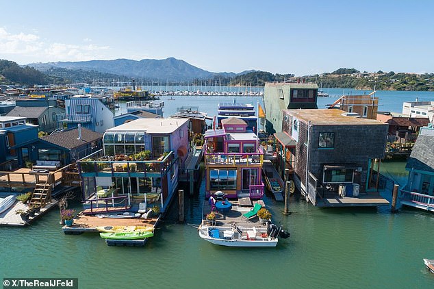 While it is currently docked near the Richardson Bay Bridge, it is unclear what its final destination will be.  Pictured: Houseboats docked in Sausalito