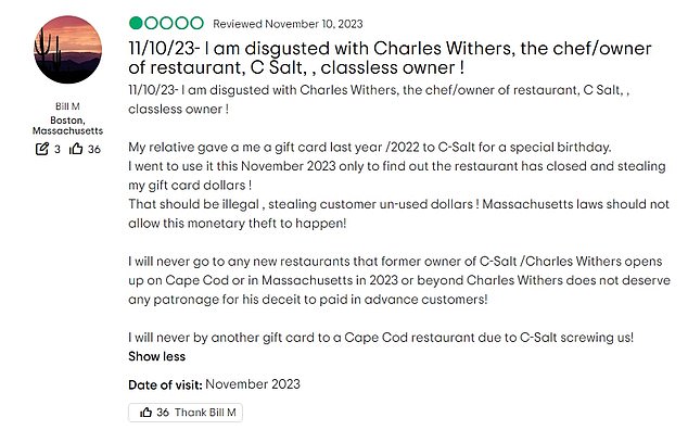 He had been running C Salt Wine Bar and Grille in Falmouth. DailyMail.com has learned that Withers left the restaurant last summer, leaving staff and creditors in a difficult situation, and entered rehab in the Boston area. He also scammed another restaurant he was about to open, sources told DailyMail.com.