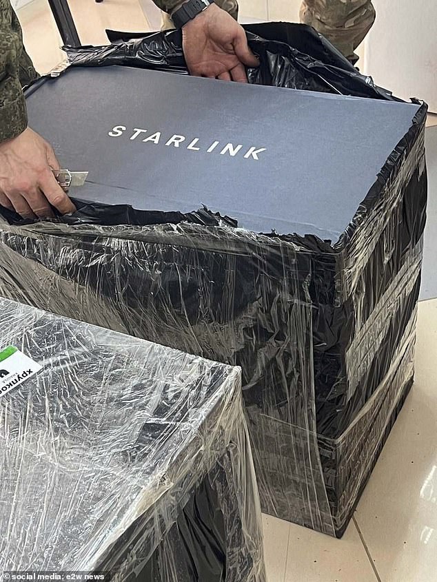 Above, a Russian military blogger who supports the Russian invasion showing the unboxing of the Starlink terminal