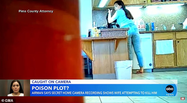 Melody Felicano Johnson is seen looking over her shoulder as she pours liquid into the coffee machine at the Arizona home she shared with her husband. She had installed secret cameras after she became concerned about her behavior and worried that she was trying to poison him.