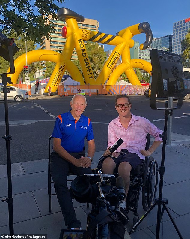 Charles Brice (right) has been an ABC reporter since 2019. He is pictured interviewing legendary cycling commentator Phil Liggett.