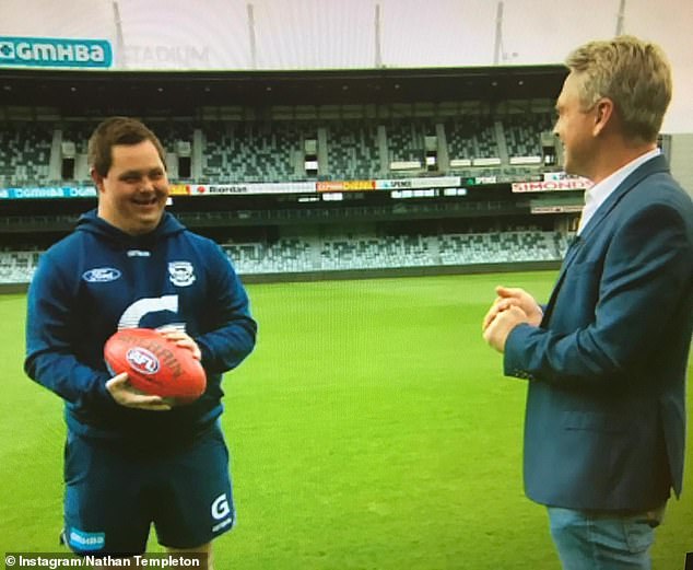 The Sunrise reporter is pictured with Geelong ball boy Sam Moorfoot, who found fame when he was lifted over the fence in the 2022 grand final to join the victory party on the Geelong field.