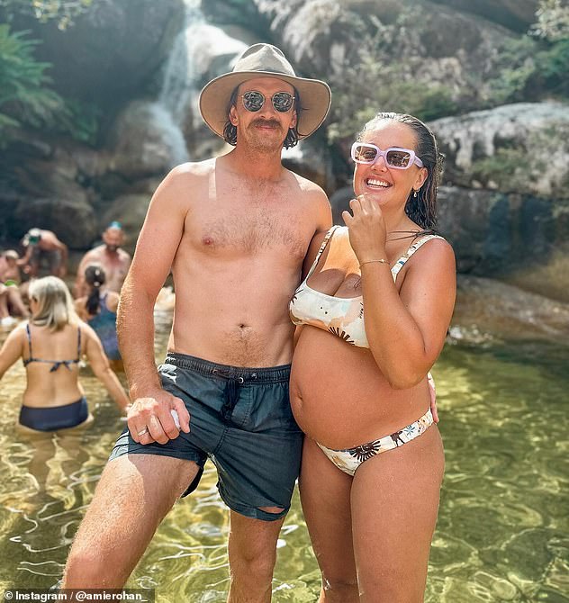 The former AFL WAG, who is expecting her first child with partner Jaison Todd (left), took to Instagram on Monday with several photos of herself posing in a skimpy outfit at Point Addis Beach in regional Victoria.