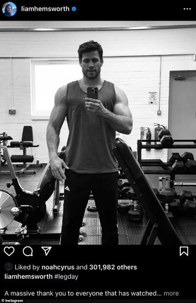 She went crazy after leaving a like on Hemsworth's '#legday' post on Friday.  In the post shared by the Hunger Games star, she showed off her ripped physique and strong body in a tank top and joggers as she posed for a black and white mirror selfie at a gym.  Since then, Noah has given him 