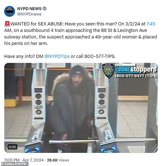 In another incident, which occurred early last month, another suspect approached a 49-year-old woman on a southbound 4 train as it arrived at the 86th and Lexington subway station, placing his penis on her arm.
