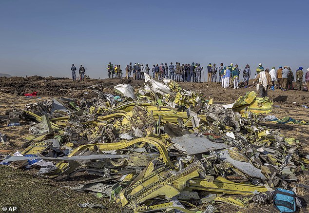 The wreckage of the Ethiop Airlines Boeing 737-MAX plane is seen on March 11, 2019.