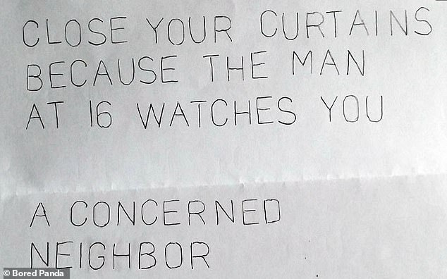 A woman from the US received a sinister letter warning her about a neighbor who was watching her