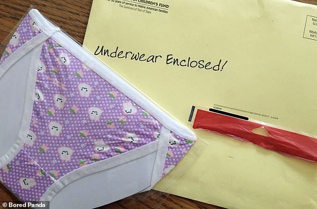 Elsewhere, another concerned person in the US received children's underwear from an American children's charity in the mail.