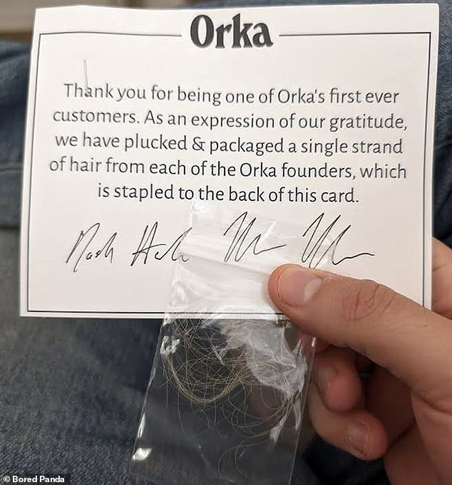 Someone bought a soda online and as a thank you gift for being one of the first customers, they sent them a bag with the founders' hair.