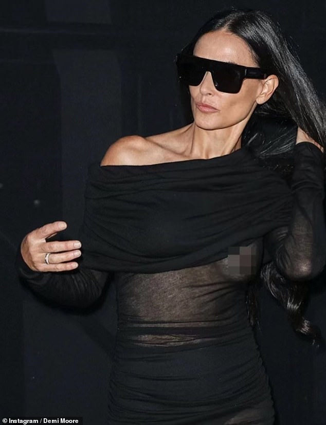 Demi Moore shows off her figure with asymmetrical necklines with bare shoulders that create lines to narrow