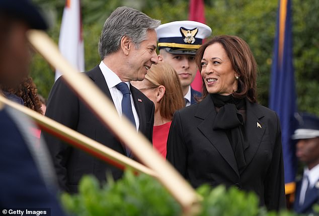 Harris on April 10 at the White House with Secretary of State Antony Blinken for the arrival ceremony of Japanese Prime Minister Fumio Kishida