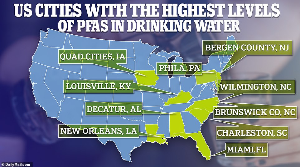 The cities depicted on the map are just a few of many that have been identified as having higher concentrations of PFAS in public water supplies and private wells.