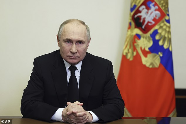 Russian President Vladimir Putin addresses the nation in Moscow, Russia, on March 23, 2024.