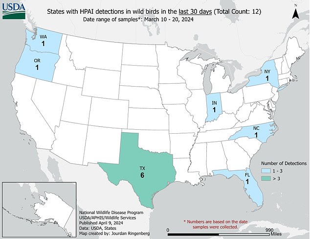 The map above shows states where bird flu was detected in wild flocks in March.