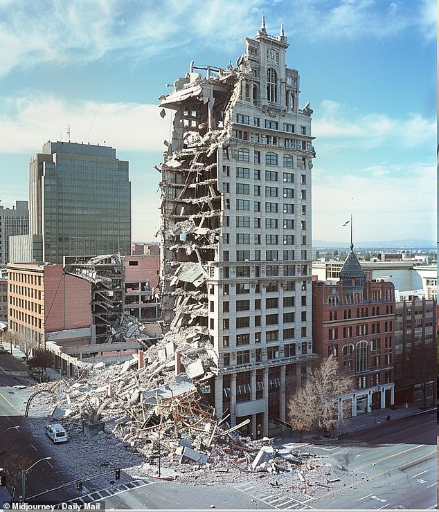 If a major rapid occurred, experts have predicted that about 1,800 people would die, 50,000 would be injured and more than 60 buildings would collapse, causing at least $200 billion in damage.  The photo shows what the AI ​​predicts Sacramento would look like after the Big One.