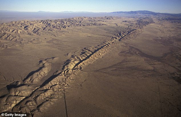 The San Andreas Fault, seen here on the Carrizo Plain in Southern California, runs hundreds of miles across the state and is the site of relatively frequent earthquakes.