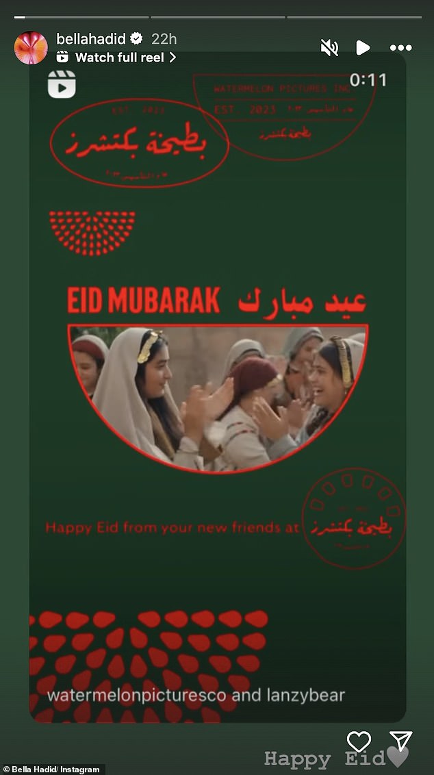Sharing a tribute to her Instagram Story, Bella, 27, re-shared a clip and wrote: 'Happy Eid.'
