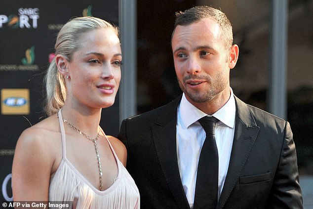 Pistorius was freed in January after serving nine years in prison for the murder of his model girlfriend Reeva Steenkamp (left)