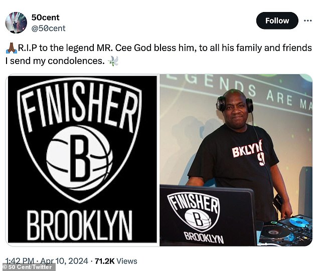 Rapper 50 Cent paid tribute on multiple social media platforms, writing: 'RIP to the legend MR. Cee God bless him, to all his family and friends I send my deepest condolences.