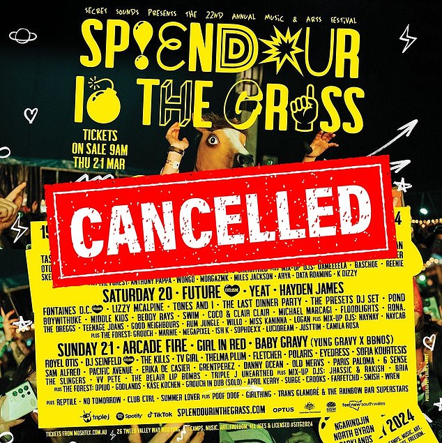 It comes after a series of major music festivals in Australia were cancelled, including the iconic three-day Splendor in the Grass festival (pictured).