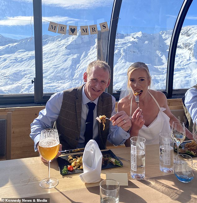 The couple got married in Austria at a place called Hohe Mut Alm, which is a mountain restaurant on top of a gondola.