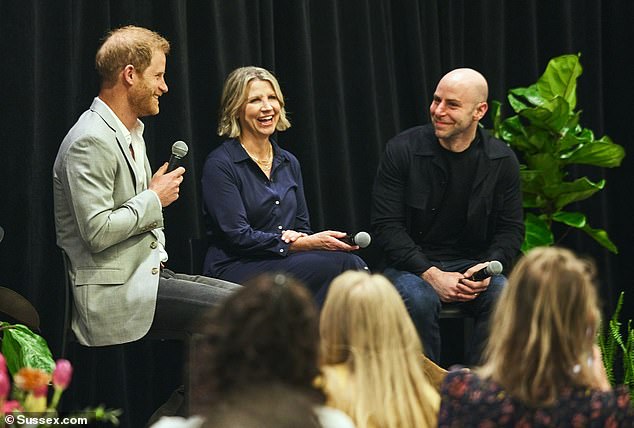 Prince Harry speaks yesterday with Cisco's Kelly Jones and BetterUp's Dr. Adam Grant