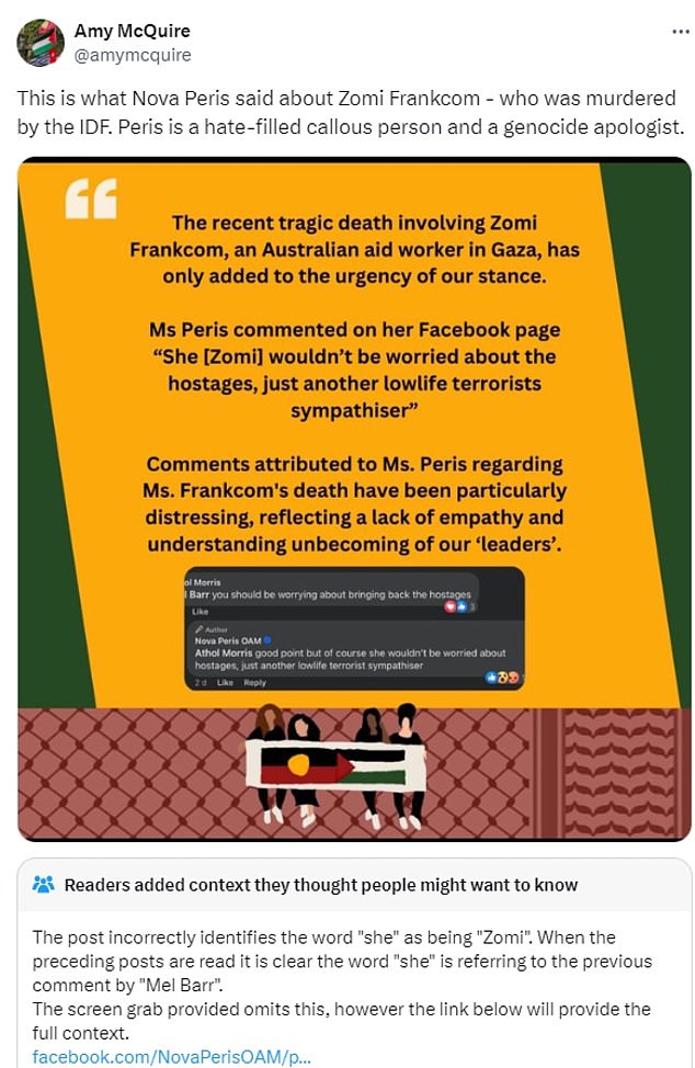 Dr McQuire's post (above) was viewed 49,800 times, attracting 498 likes and 114 comments, many of which were critical of Ms Peris.