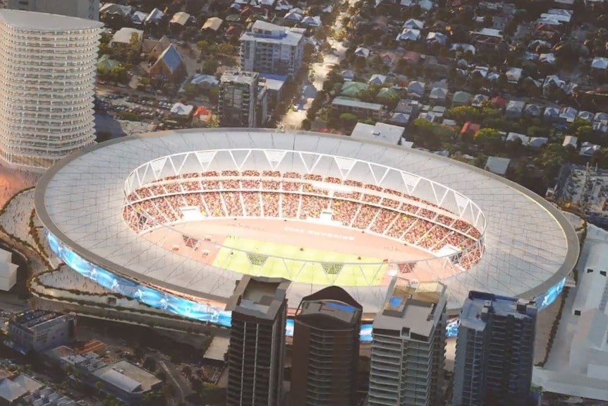 An aerial graphic representation of a remodeled Gabba stadium.